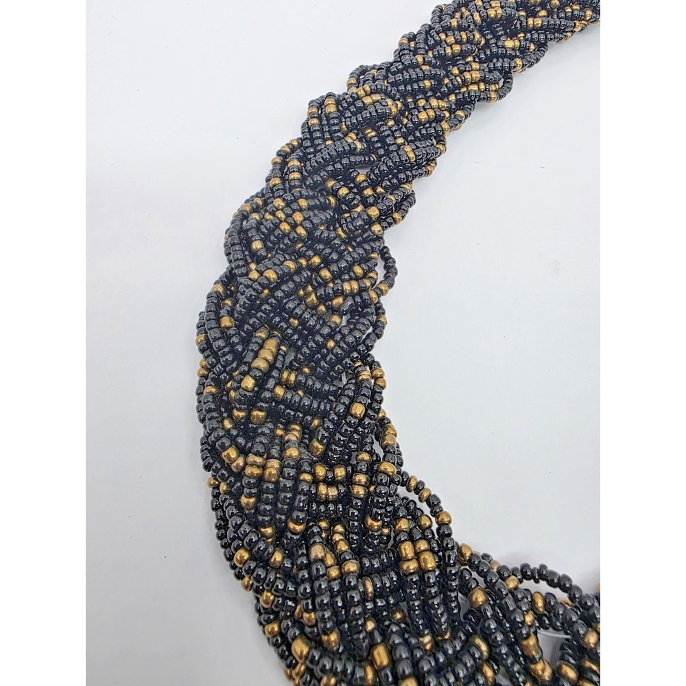 Black & Gold Necklace Seed Bead Braided Chocker Necklace 18-20.75" Adjustable - Picture 6 of 8